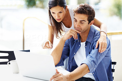 Portrait of lovely young couple working on laptop