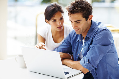Portrait of beautiful young couple using laptop