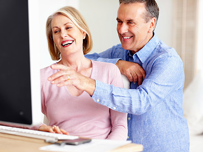 Cheerful mature man with wife pointing at computer screen