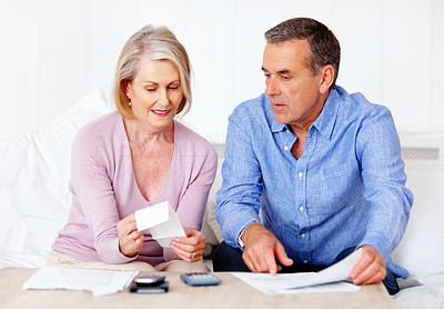 Mature man and wife calculating expenses using calculator