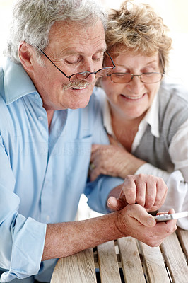 Lovely senior couple using a cellphone
