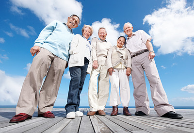 Group of old friends standing on the wooden plank