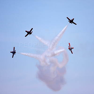Spanish Air Force Aerobatics team performing a \'Peel-Off\' at the Karup airshow