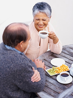Smiling elderly couple enjoying a glass of wine