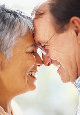 Closeup of a smiling old couple with their heads together