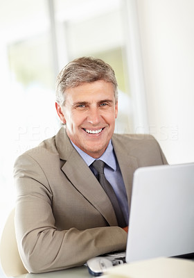 Happy mature business man using laptop at office