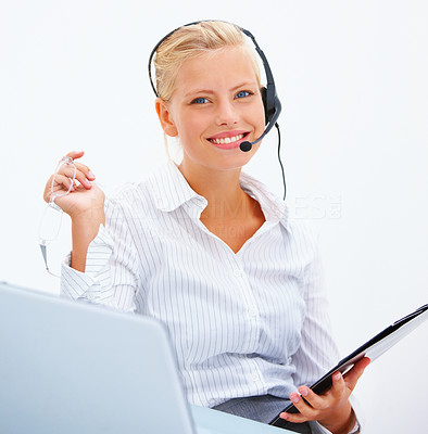 Portrait of a business woman wearing headset isolated on white background