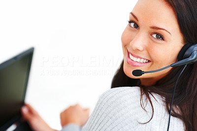Closeup portrait of pretty young female with headphones and laptop on white background