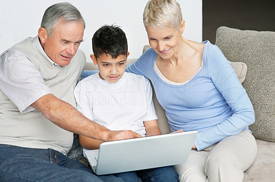 Grandparents and grandson sitting on sofa and working on laptop