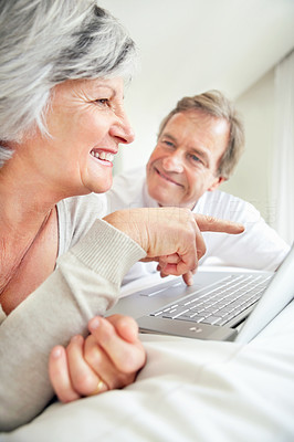 Senior lady pointing out something on the laptop screen to man