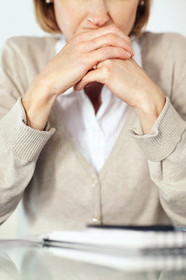 Cropped image of businesswoman face sitting and thinking over so