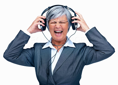Elderly woman with headphones playing very loud music