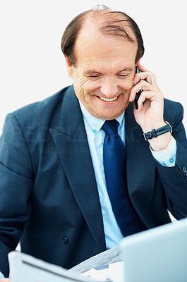 Smiling business man talking on the phone at work