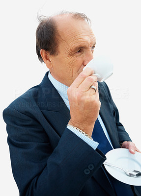Senior business man drinking tea isolated over white background