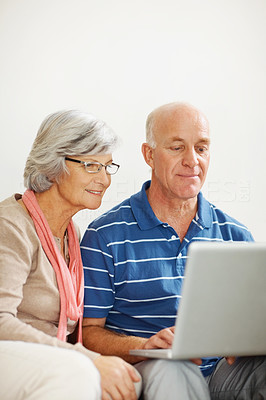 Senior man and woman using a computer laptop