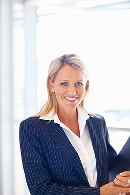 An attractive business woman holding a file, smiling