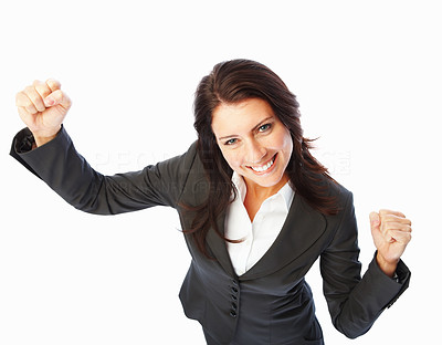 Successful business woman with hands raised over white background