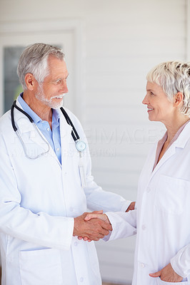 Two successful senior doctors shaking hands with each other