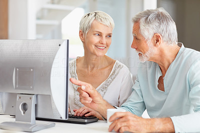 Senior man helping wife to use computer