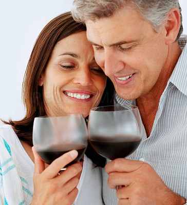 Closeup of a happy mature couple drinking a glass of wine together