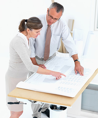 Mature woman looking at plans with architect