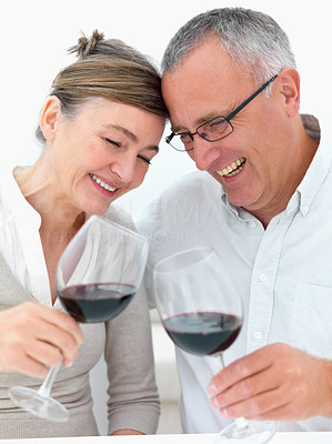 Mature joyful couple toasting wine