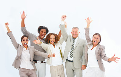 Portrait of business people having fun against white background