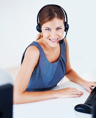 Call center female employee smiling