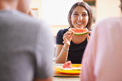 Enjoying delicious watermelon with friends