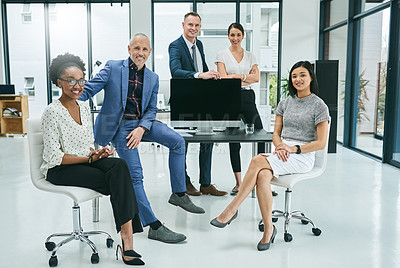 Buy stock photo Full length portrait of a group of businesspeople in their office