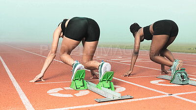 Buy stock photo Rearview shot of two unrecognizable young sportswomen taking their mark on starting blocks