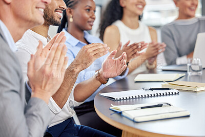 Buy stock photo Closeup shot of a group of businesspeople applauding during a meeting in an office