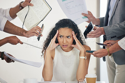 Buy stock photo Shot of a businesswoman looking stressed during a business meeting