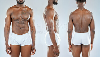 Buy stock photo Composite shot of a man showing his front, side and back
