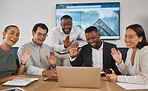 Diverse corporate businesspeople waving hello to colleagues during a virtual teleconference meeting via video call on a laptop in an office boardroom. Happy staff greeting during online global webinar