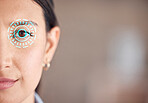 Artistic design of a retina scan with cgi, visual and special effects on hispanic woman for security. Closeup portrait of mixed race woman looking with an eye scanner. Front headshot of half a face