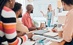Group of diverse businesspeople having a meeting in a modern office at work. Young serious caucasian businesswoman talking while doing a presentation of an idea on a whiteboard in a boardroom with colleagues. Businesspeople planning together