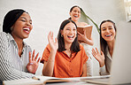 Diverse group of business women waving hello to colleagues during a virtual teleconference meeting via video call on a laptop in an office boardroom. Happy staff greeting during online global webinar in a creative startup agency