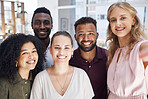 Portrait of a group of cheerful diverse businesspeople taking a selfie together at work. Happy caucasian businesswoman taking a photo with her joyful colleagues