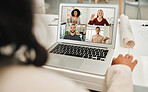 Businesspeople waving during a video call. Businesspeople during a video call on a laptop.  group of architects during a video conference. Businessperson using a computer for a video call