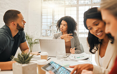 Buy stock photo Businesspeople collaborating. Group of diverse architects in a meeting. Businesswoman speaking to a colleague. Coworkers brainstorming, planning in a meeting. Corporate creatives in a meeting