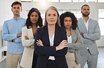 Group of diverse and powerful businesspeople standing together with their arms folded in an office. Confident and mature manager leading her team of professionals in the workplace. Global business