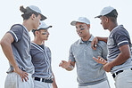 Baseball coach from below giving match pep talk and planning game strategy with group of players in huddle on sports pitch outside. Trainer encouraging and motivating team for tournament competition